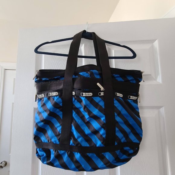 LeSportsac Tote and Cosmetic Pouch Blue Black Stripes - Picture 2 of 4